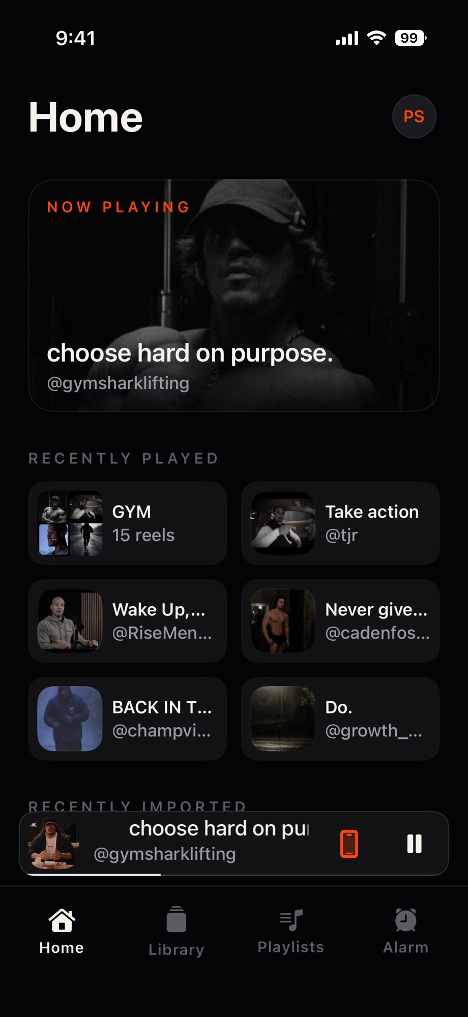 Reelign Home screen with a reel playing and a grid of recently played reels
